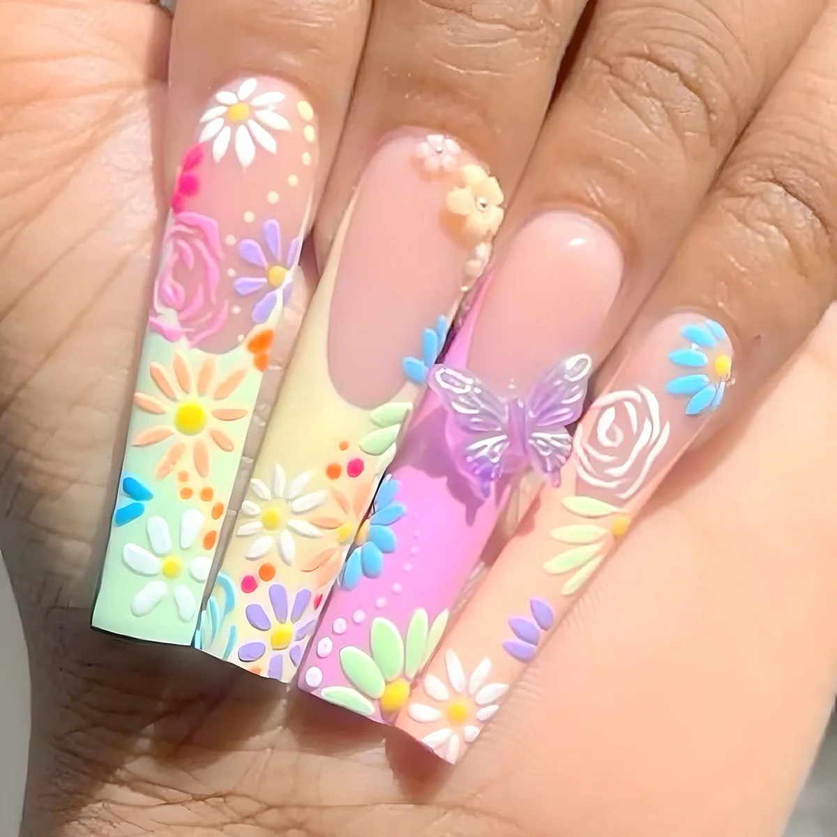 

24Pcs Long Square Head Press on False Nails French Colorful 3D Flower Butterfly Design Fake Nail Reusable Full Cover Nails Tips