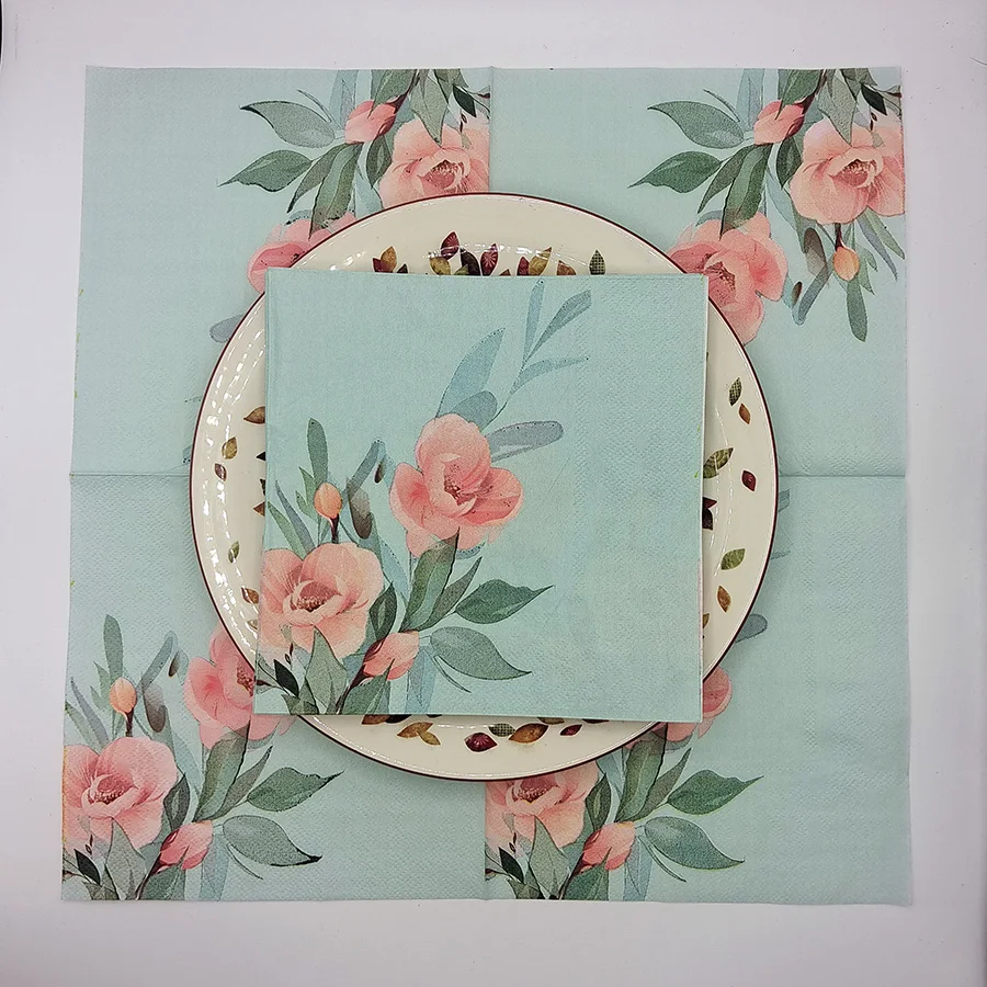 10/20pcs 33x33cm 2-Ply Disposable Paper Napkins Pink Floral Print on Mint Green for Wedding Party Decor