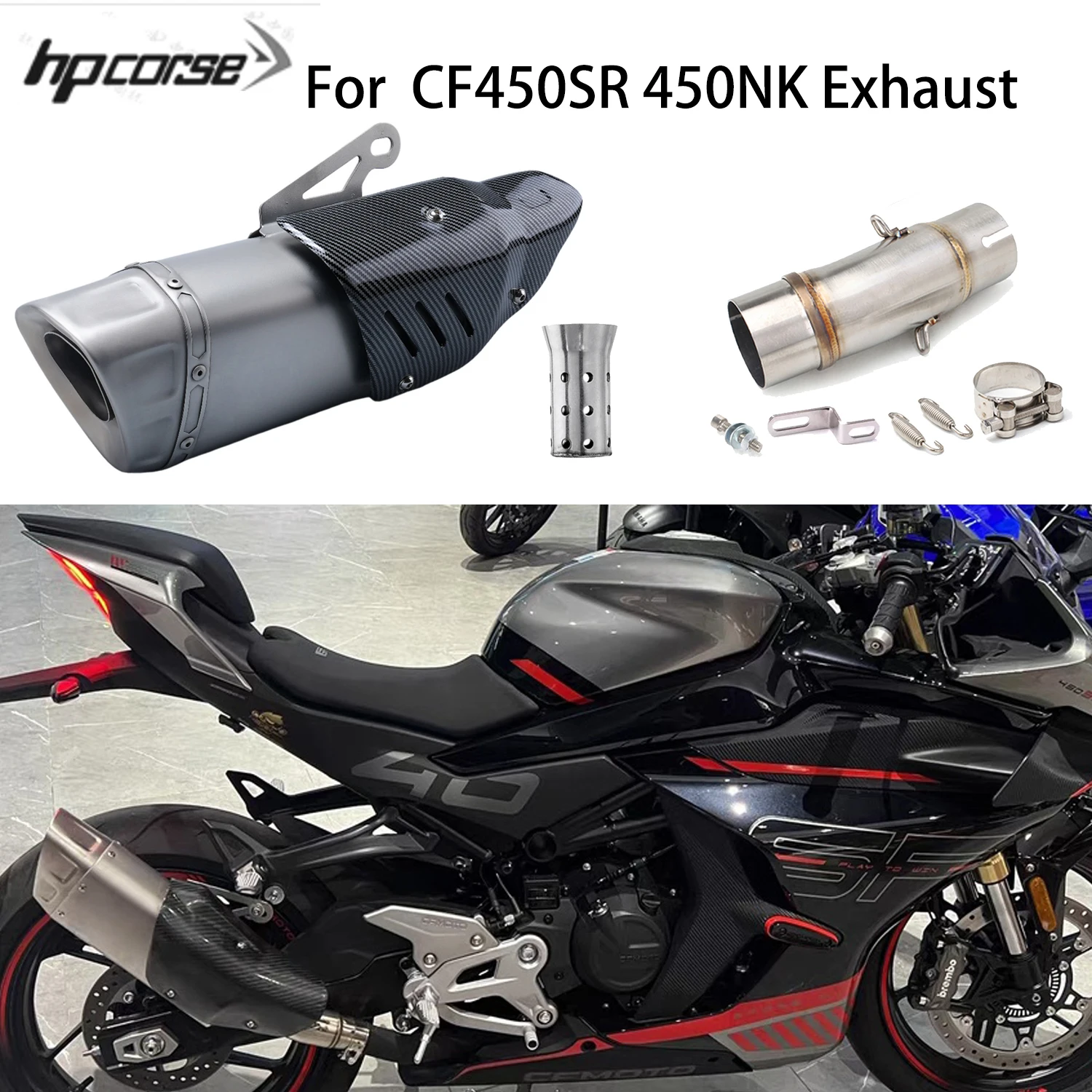 For CFMOTO 450SR 450NK 450SS 2022-2025 Motorcycle Mid Link Pipe Muffler Escape Moto with DB Killer Non destructive installation