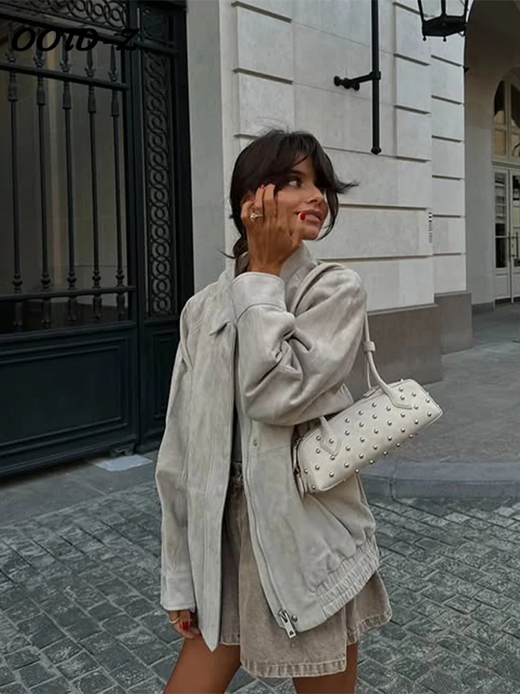 

Vintage Women Suede Lapel Jacket Gray Long Sleeve Zipper Loose Pockets Elastic Waist Jacket 2025 Spring Autumn Street Outwear