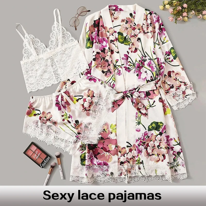 Women\'s Sexy Fashion Plus Size White Flower Print Three Piece Lace Strap Plus Shorts And Gown Pajama Set