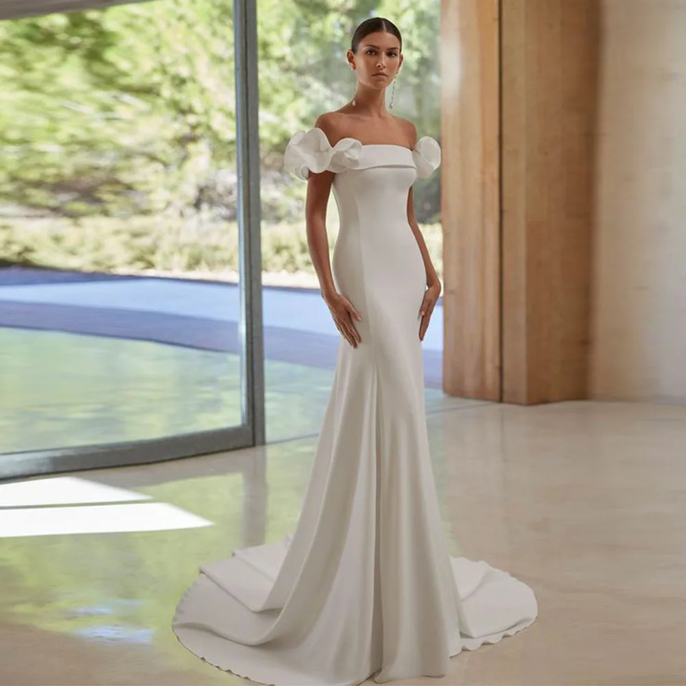 Customized Simple Ruched Off Shoulder Crepe Mermaid Wedding Dress For Women Button Zipper Back Court Train Bridal Gown 2025