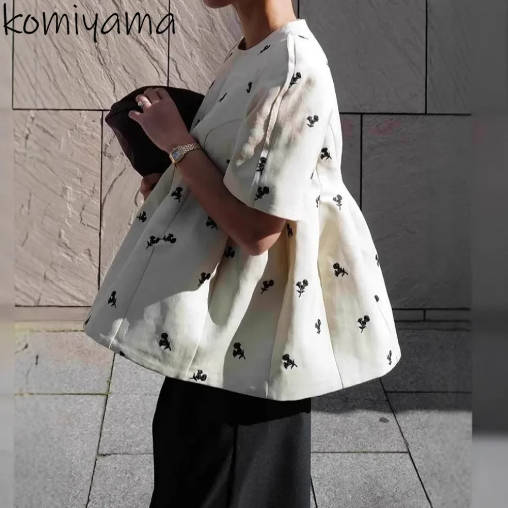 

O-neck Bubble Sleeve Shirts & Blouses Flower Embroidery Blusas Mujer Pleated HemWoman 2025 Clothing Moda Camisas Summer Ropa