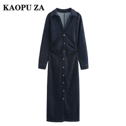 KAOPU ZA 2024 Nowa moda damska Szykowna dżinsowa sukienka z długim rękawem Ladies Slim Fit Shirt Style Midi Dresses Casual Evening Wear