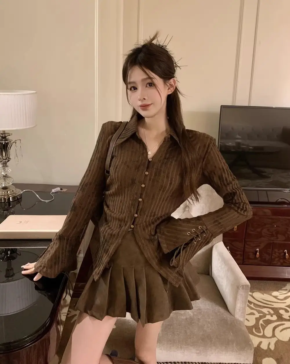 

Design Flared Sleeve Lapel Top Camisas De Mujer Striped Shirts & Blouses Loose Casual Vintage Blusas Gyaru Acubi Alt Grunge