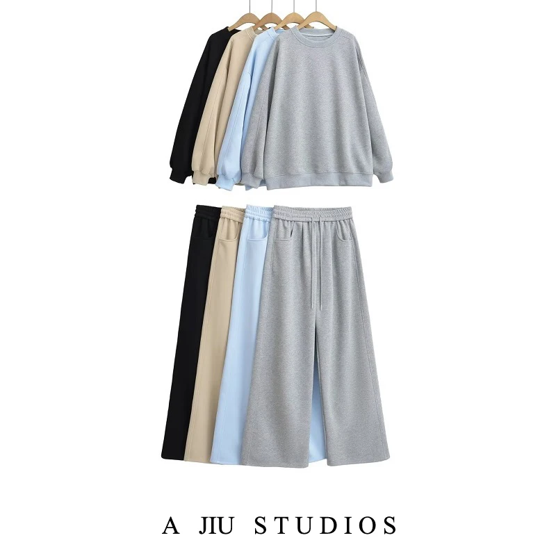 

Loose American Sle Lazy Ne Sweatirt High Waist Straight Leg Pants Set Women's Pullover Hoodie Casual Sportswear Set