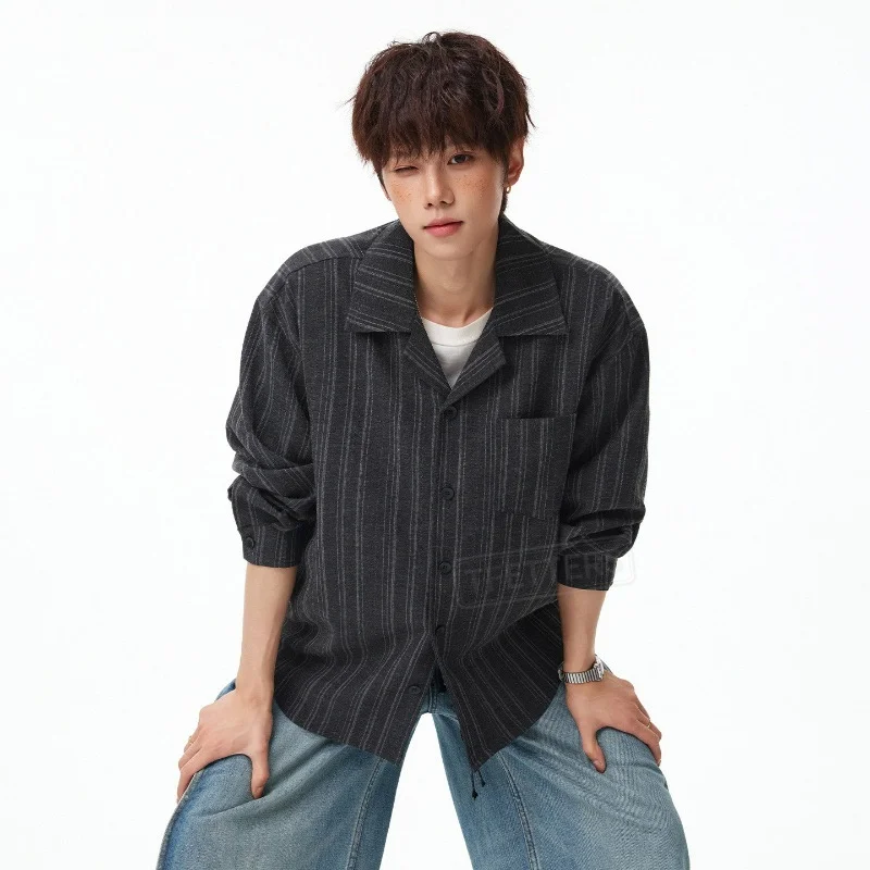 TFETTERS 2026 Autumn Cuban Collar Striped Shirt Men Old Money Style Yarn-dyed Contrast Color Lazy Loose Long Sleeve Shirt Man