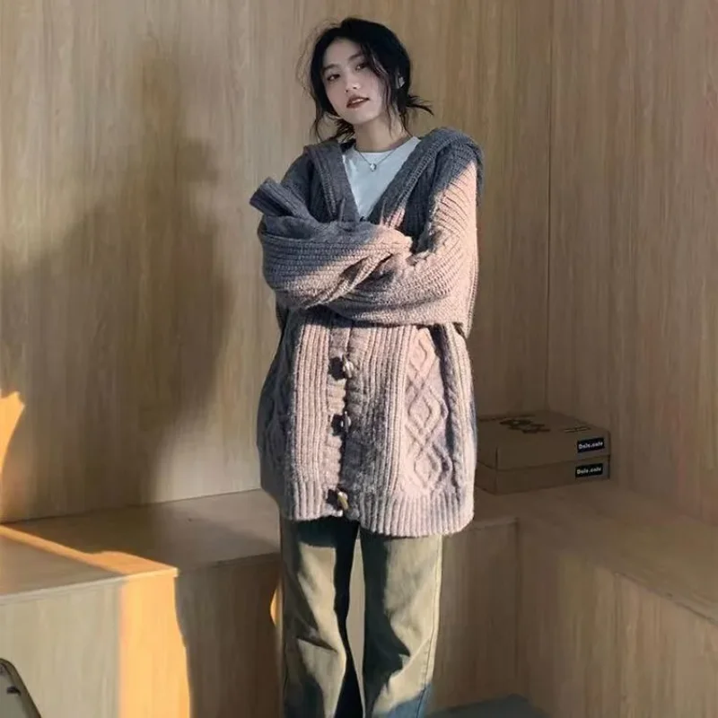 

Новый женский свободный драпированный кардиган Lazy Twist, свитер с капюшоном, вязаная куртка с длинными рукавами