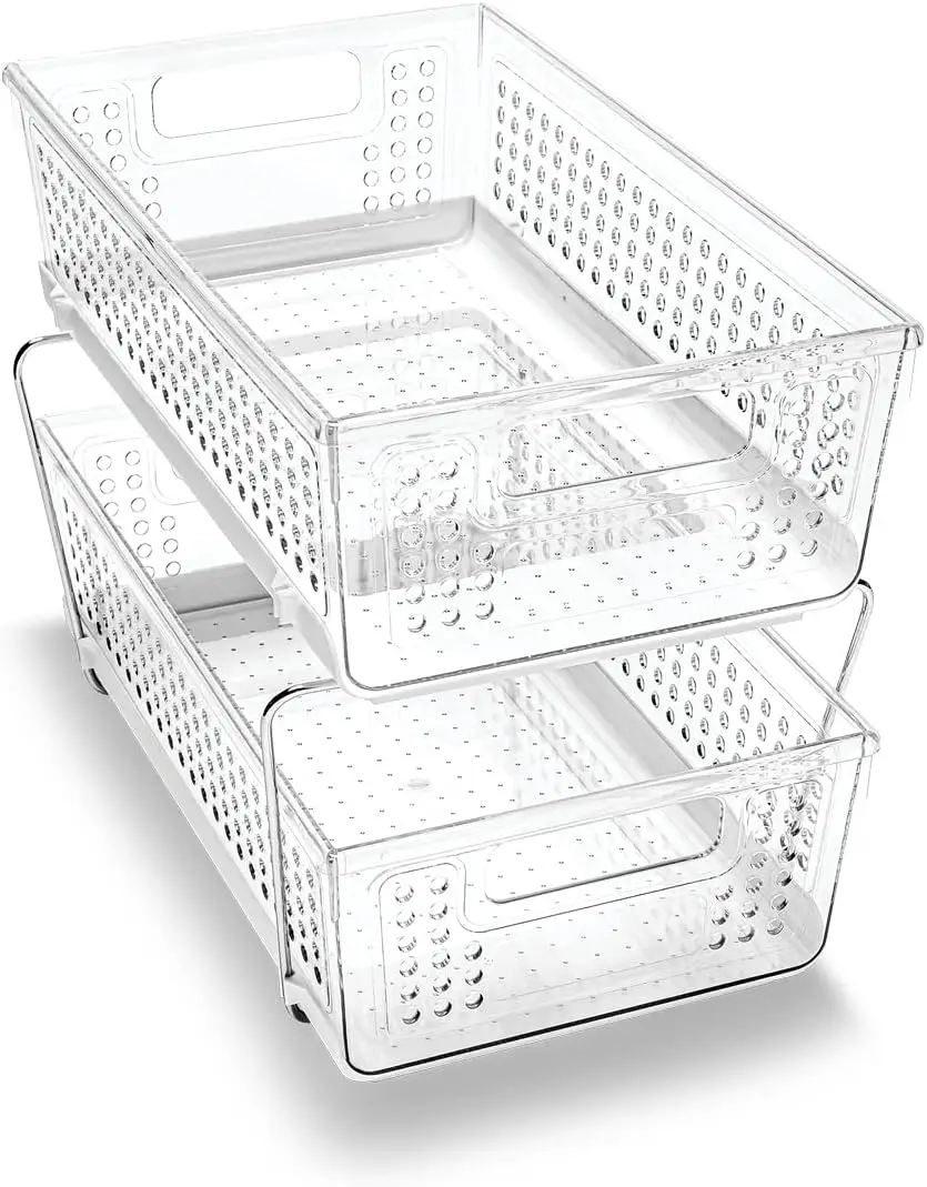 

2 Tier Organizer, Under Cabinet Storage with Pull Out Sliding Drawers, for Cleaning Supplies, Undersink Storage, Sponges, Bot