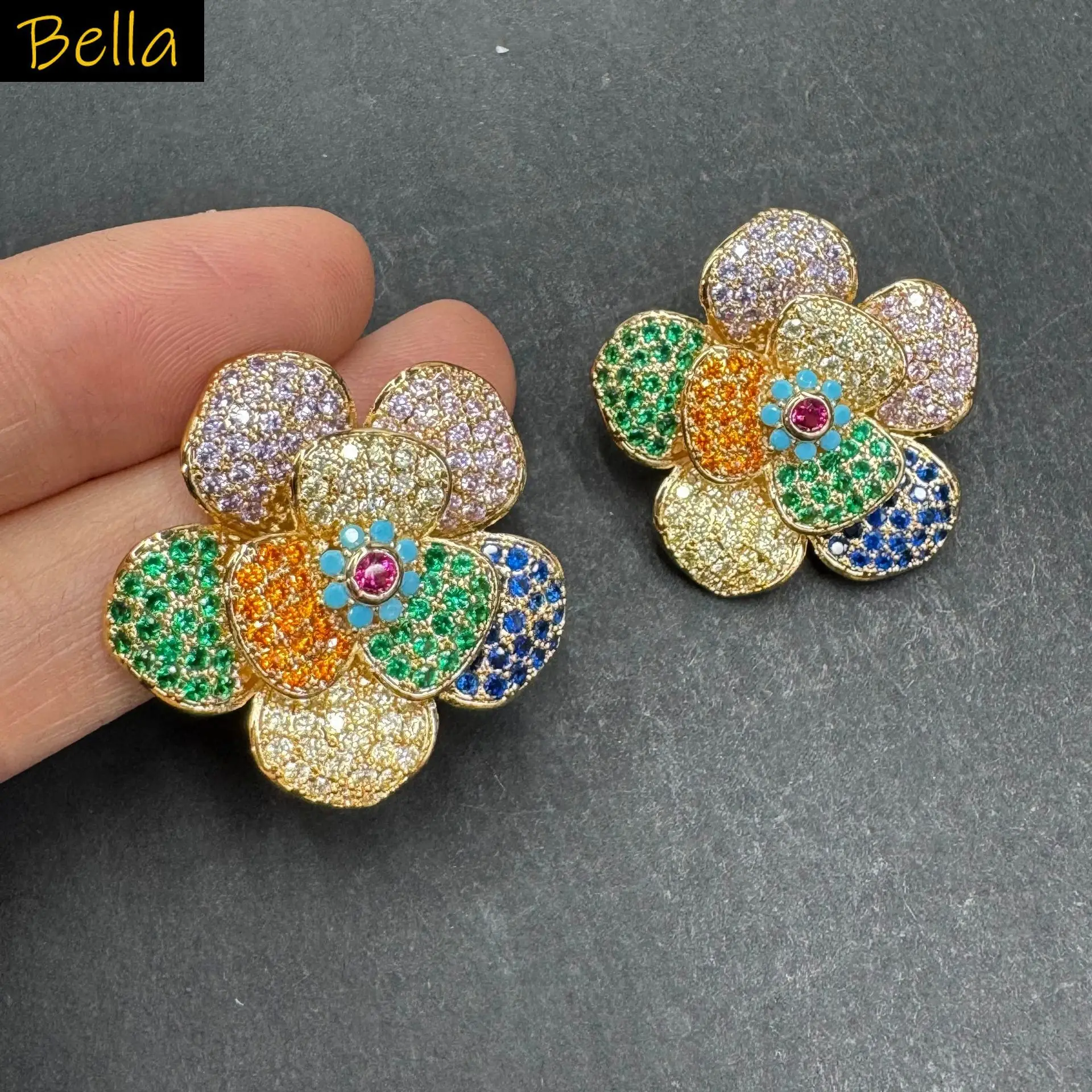 

zircon shiny stud earrings flower petals gold silver color white multicolor zirconia earrings for women elegant jewelry party