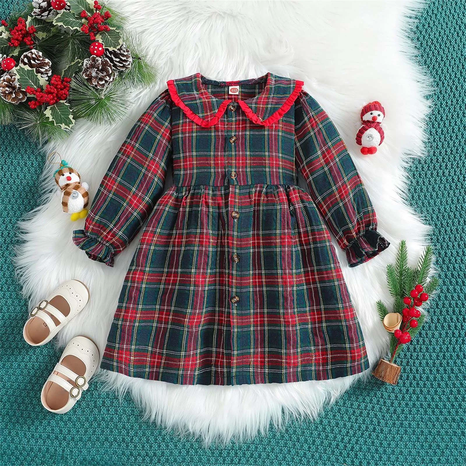 Children Princess Dres Kids Baby Girls Dress Plaid Doll Collar Buttons Long Sleeve Dress Fall Fashion Casual Princess Dress 3-7T