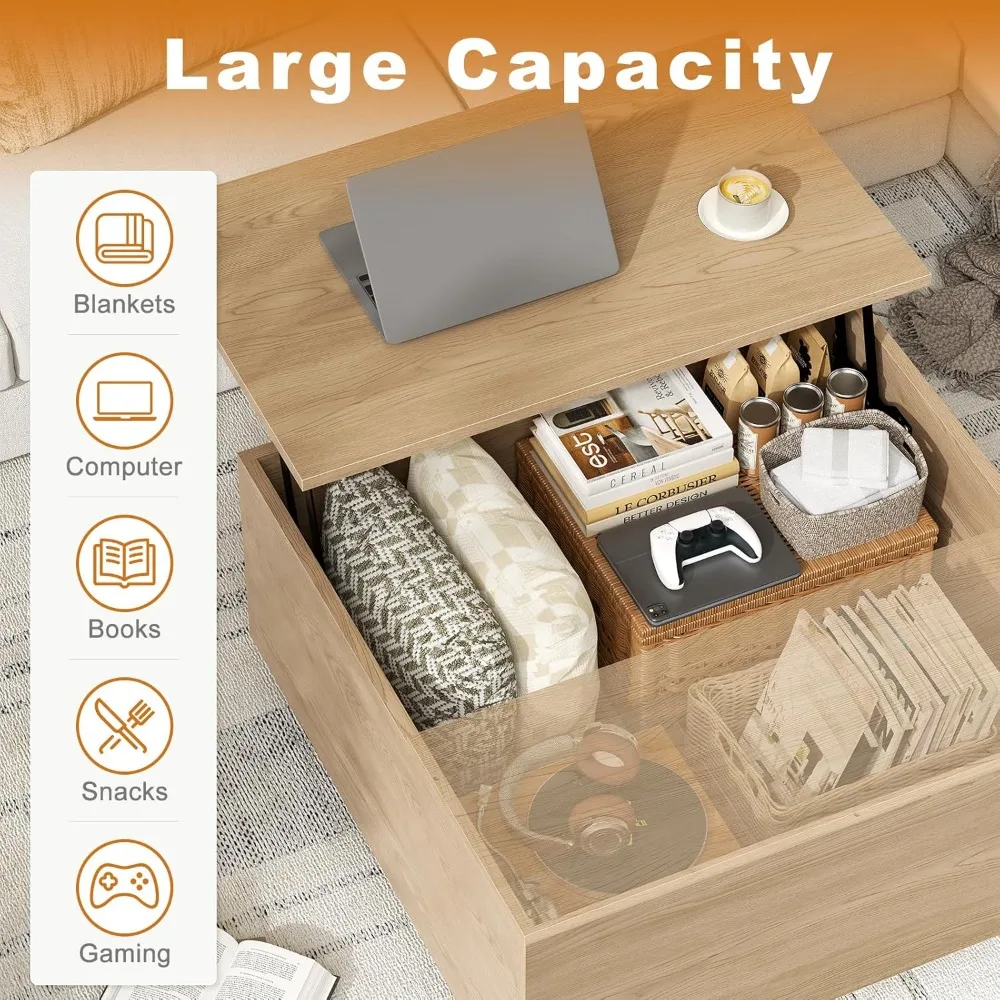 طاولة قهوة قابلة للرفع، طاولة قهوة مربعة خشبية مع مساحة تخزين، طاولات قهوة للمزرعة مع حجرة تخزين مخفية، Ce #6