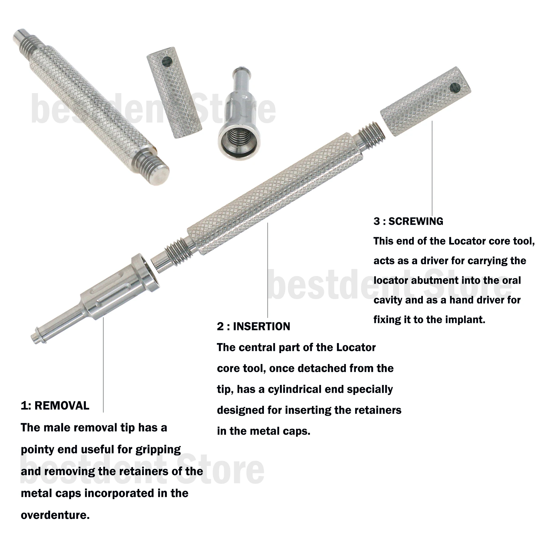 

Universal Implant Retention Caps Tool for Insertion & Extraction Locator Core 3 Tools in 1 Silver