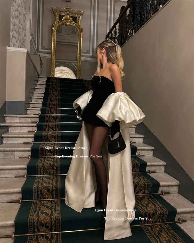 Elegant Black and White Strapless High-Low Evening Dress