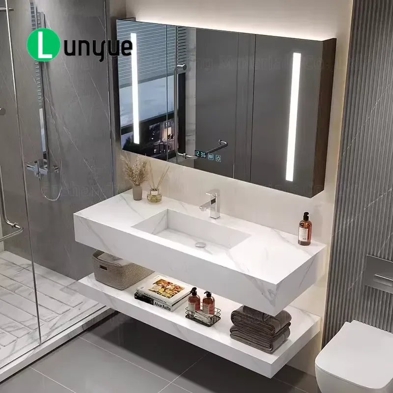Sintered Stone Bathroom Vanity with LED Mirror and Storage Locker Modern Wall Mounted Sink Cabinet for Home Hotel Waterproof