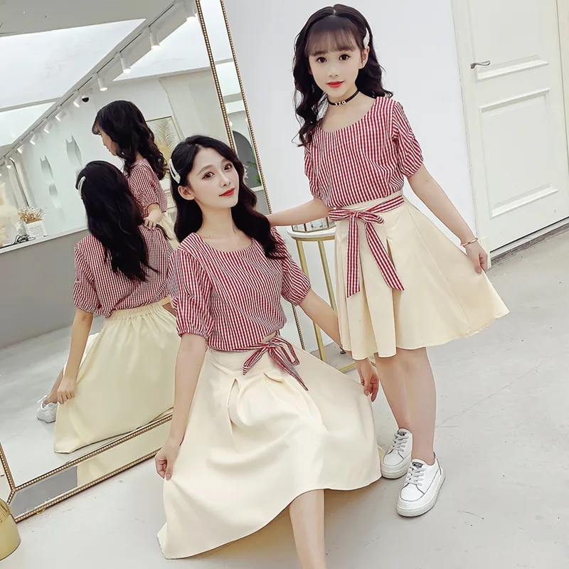 2023 summer new girl Korean version of mother and daughter plaid set parent-child clothing large children skirt set wholesale