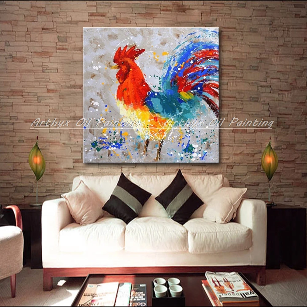 Arthyx Handpainted Big Cock Animal Oil Paintings On Canvas,Modern Abstract Pop Art Wall Picture For Living Room Hotel Decoration