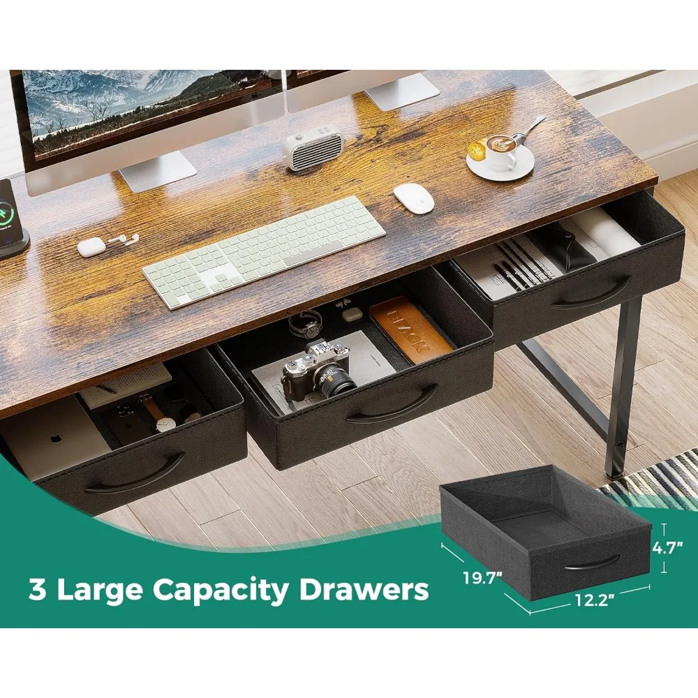 Shaped Computer Desk with Fabric Drawers and File Cabinet, 61" Reversible Home Office Workstation Desk with Power Outlets