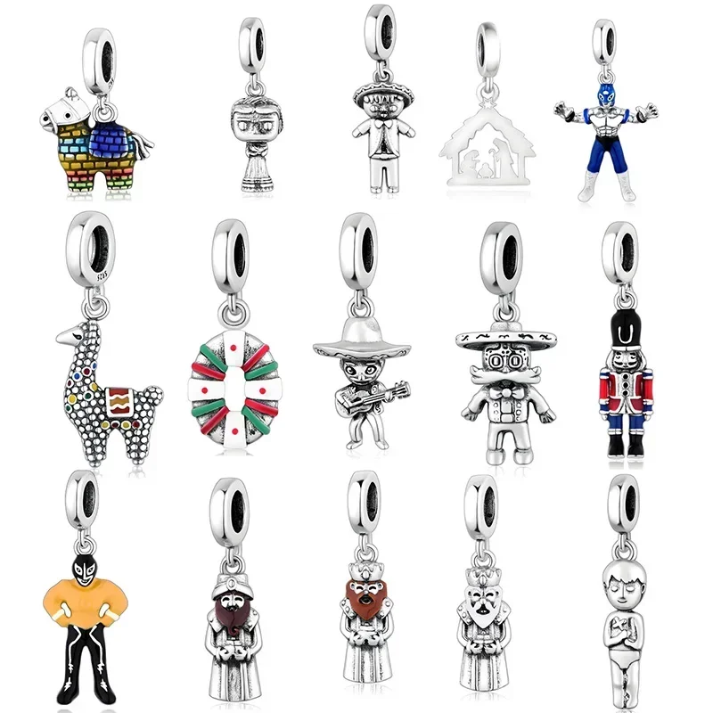 Fit Original Pan Charm Bracelet 925 Silver Mexico Doll Fighter Star Pinata Baby Jusus Sugar Skull Mariachi Lama Guard Bead DIY