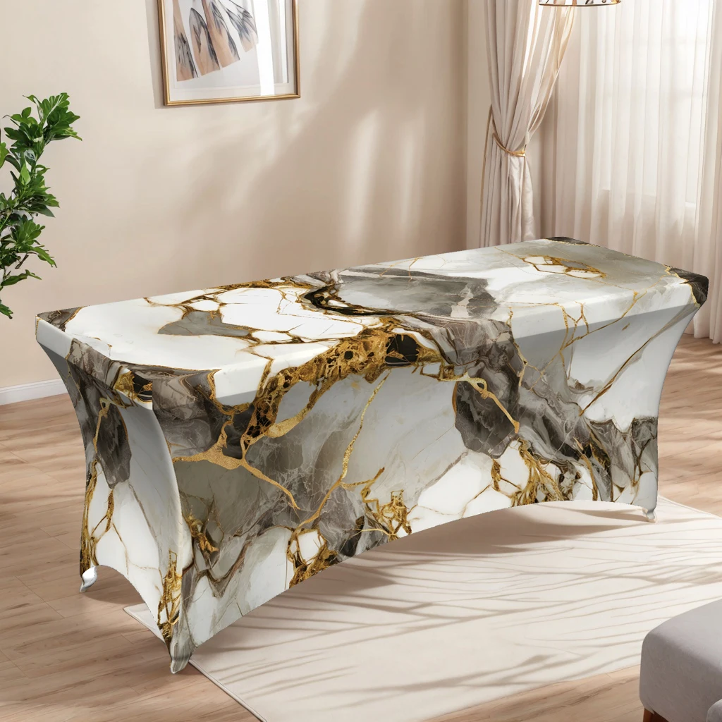 1pc All-inclusive tablecloth,Gold White Marble Stretch Table Cover,Suitable for kitchen parties