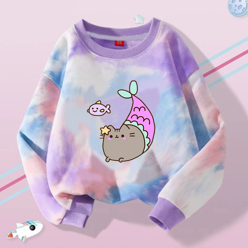 Pusheen Children Crewneck Sweater Anime Fat Cats Color Hoodies Cartoon Spring Autumn Crew Sweatshirt Sweatshirts Kids Clothes