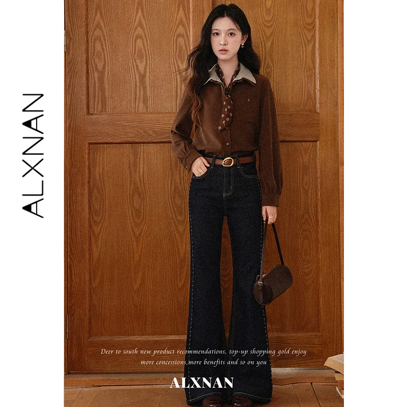 ALXNAN Blue Jeans High Waist Slant Pockets Line Detail Flare Long Pants Vintage Elegant Loose-fit Women Denim Clothing L67712