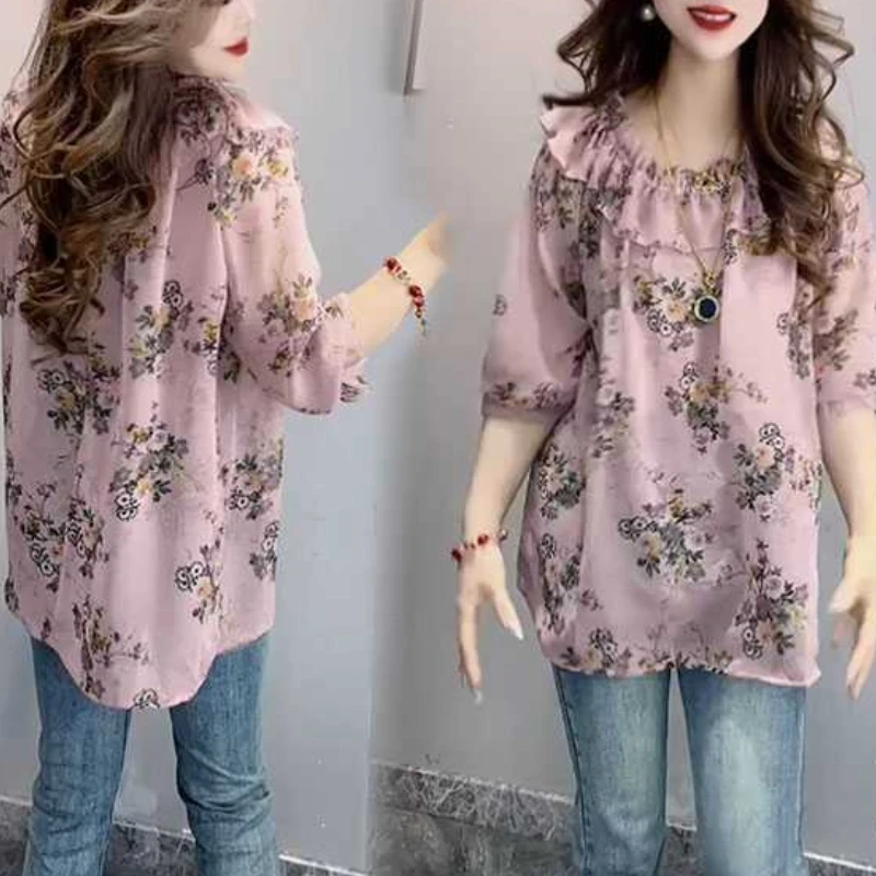 2024 New Summer Retro Elegant Commuter Simple Fashion Loose Blouse Half Sleeved Ruffled Neck Printed Panel Women\'s Shirt Top