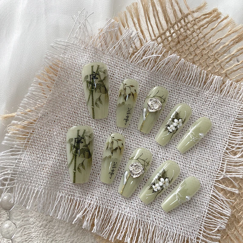 10 أظافر مصنوعة يدويًا على شكل نعش، أظافر صناعية جميلة، أظافر خضراء لانسية على الطراز الصيني، مناسبة للاستخدام للنساء