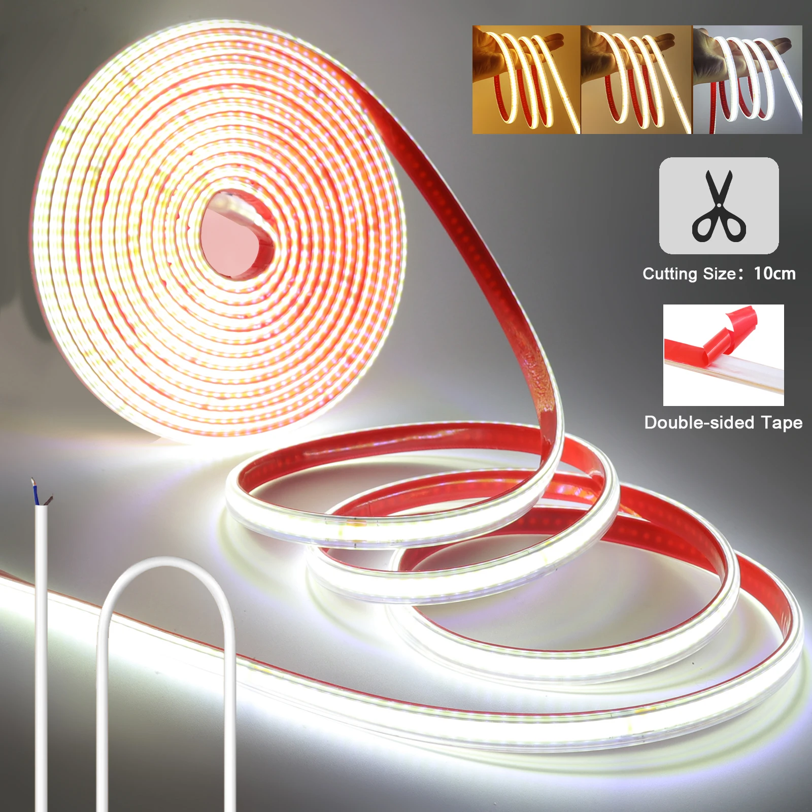 

220V RA90 COB LED Strip Light IP67 Waterproof Driver Build In 10cm Can Be Cut 240LEDs/M Flexible Adhesive Tape Home Decoration