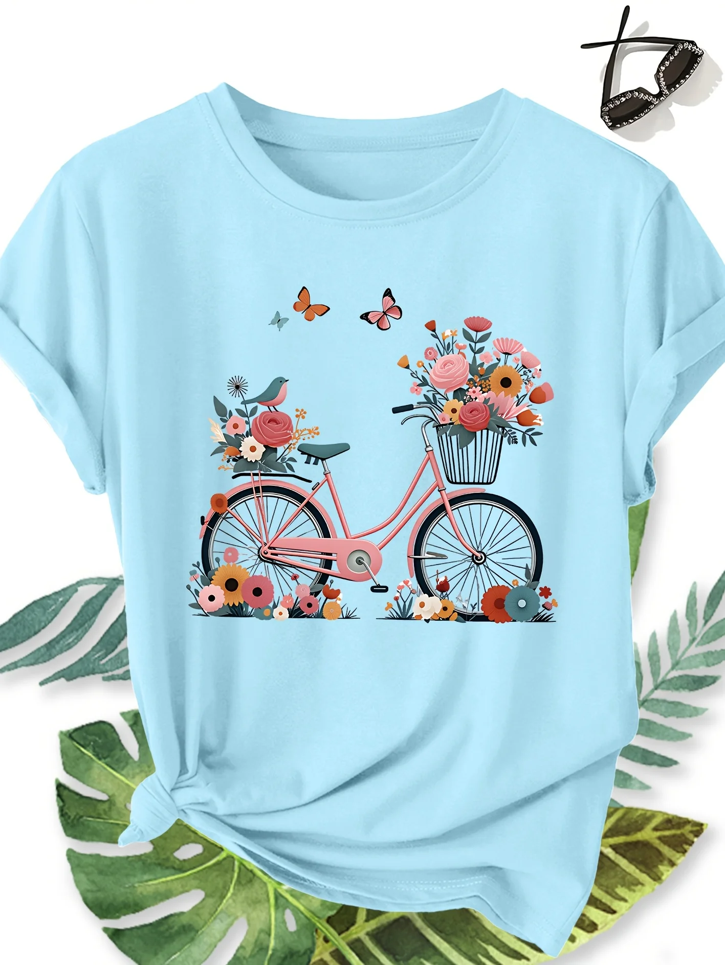 Pink Retro Bike+full Truckload Flowers+butterfly Bird Print Round Neck Women's T-shirt Gift Fashionable Commuting Casual Top