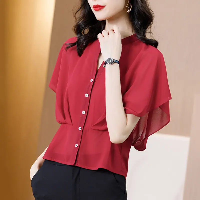 Fashion V-Neck Flare Sleeve Summer Button Chiffon Shirt Plus Size Loose Casual Solid Color Short Sleeve Female Commute Blouse