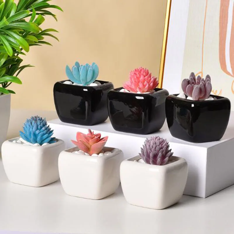 6 Pcs/Set Mini Black White Succulent Plant Pot Creative Thumb Bonsai Vase Desktop Ornaments Garden Art Home Decor