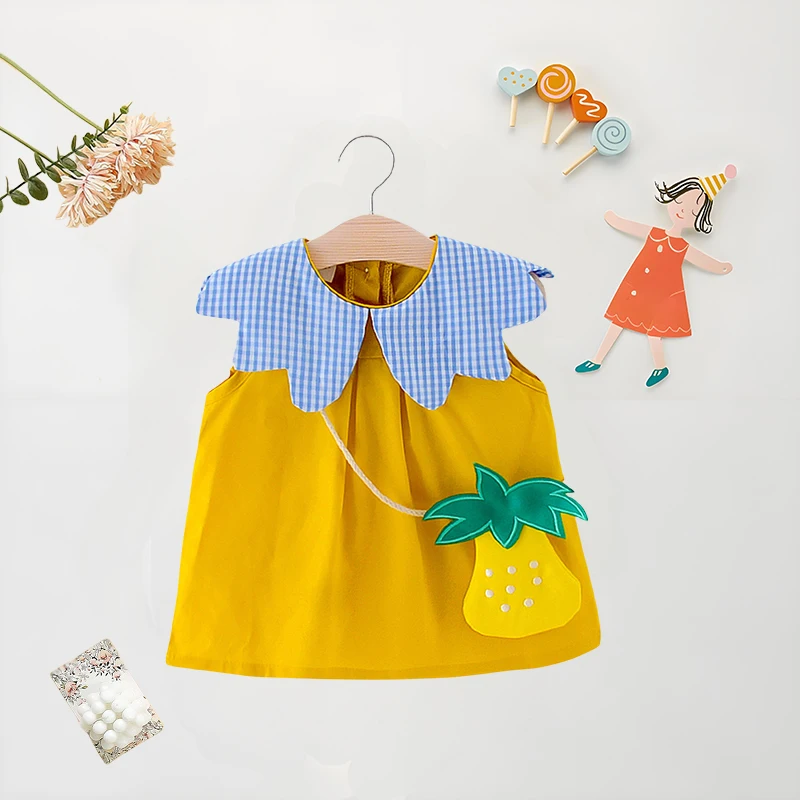 Summer Baby Girl Dress+Bag 2 Pcs  Baby Girl Plaid Big Collar Solid Color Dress Cute Loose Cotton Comfortable Sleeveless Dress