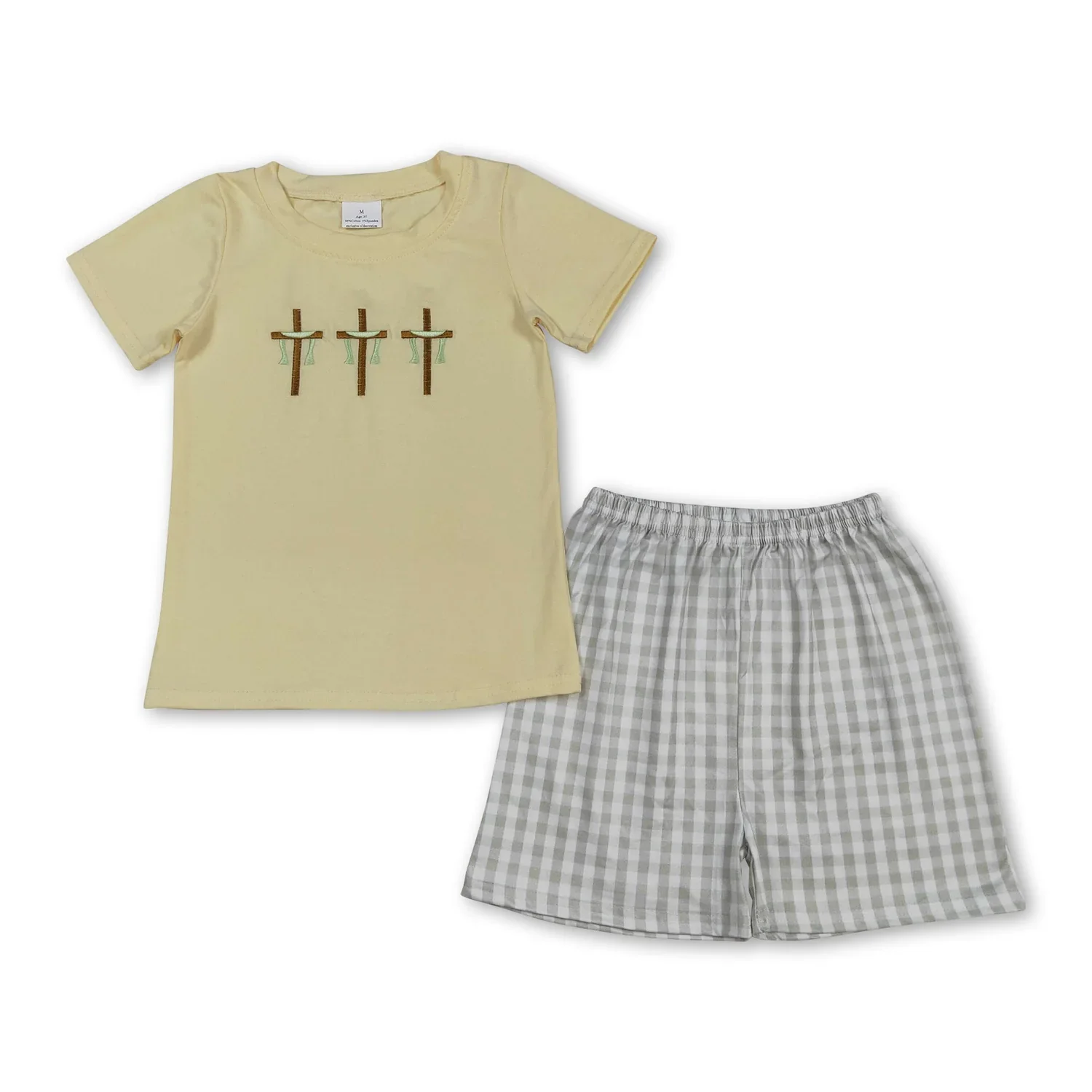 

Embroidery Baby Boys Crosses Top Checked Shorts Easter Clothes Sets