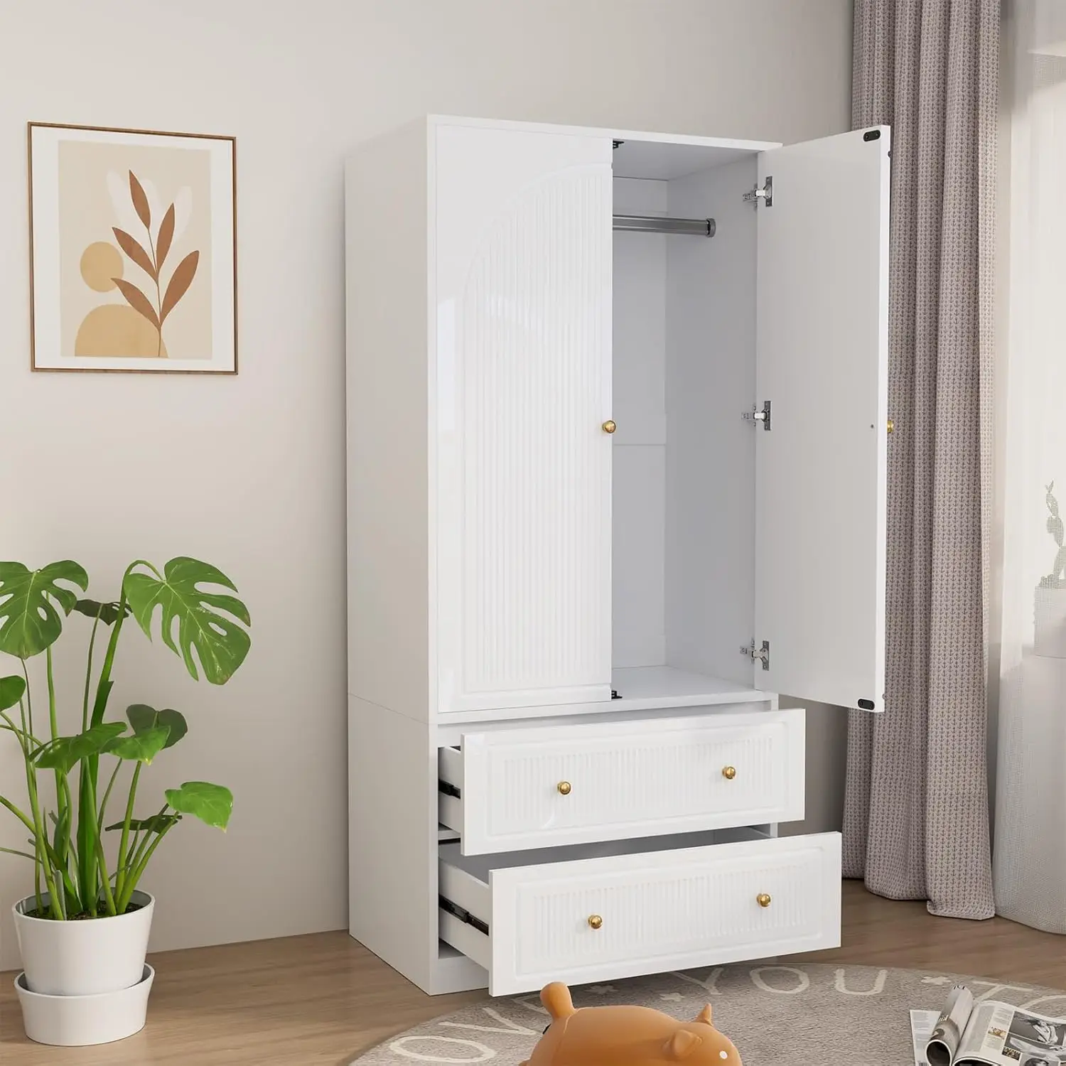 Quarto Branco Armário De Madeira com Haste, Roupeiro, Closet com 2 Portas e 2 Gavetas, Grande Capacidade, Independente, 71"