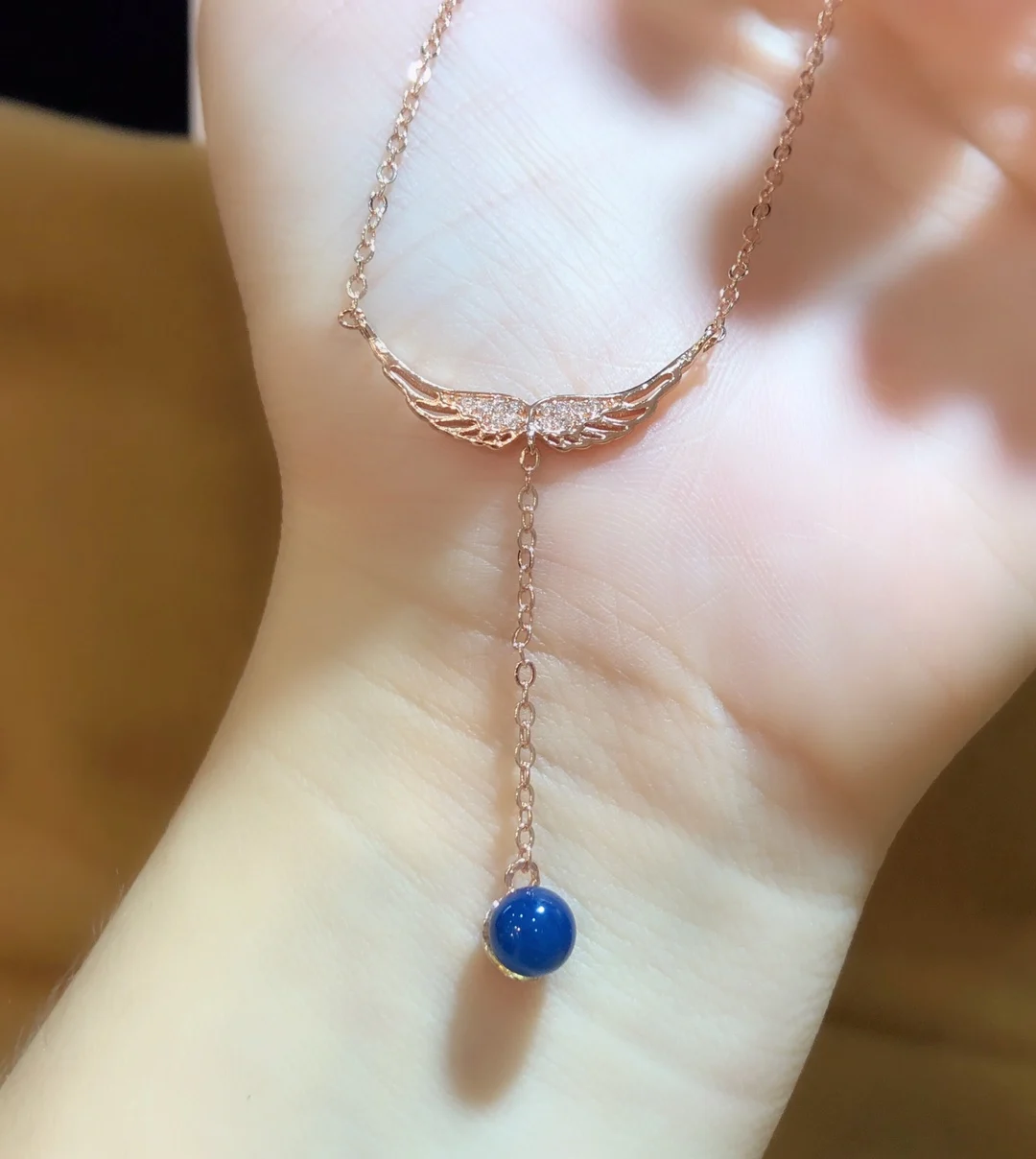 

Blue Amber Angel Wing Necklace Rose Gold Plated Sterling Silver with Zircon Gift for Girlfriend Wife Anniversary Romantic Presen