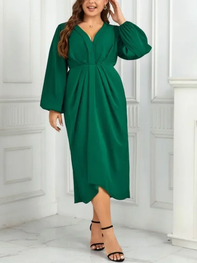 Plus Size Solid V Neck Women Dresses Puff Long Sleeves Ruched Robe Autumn Fall Sprimg Dress Elastic Waist Odzież Damska