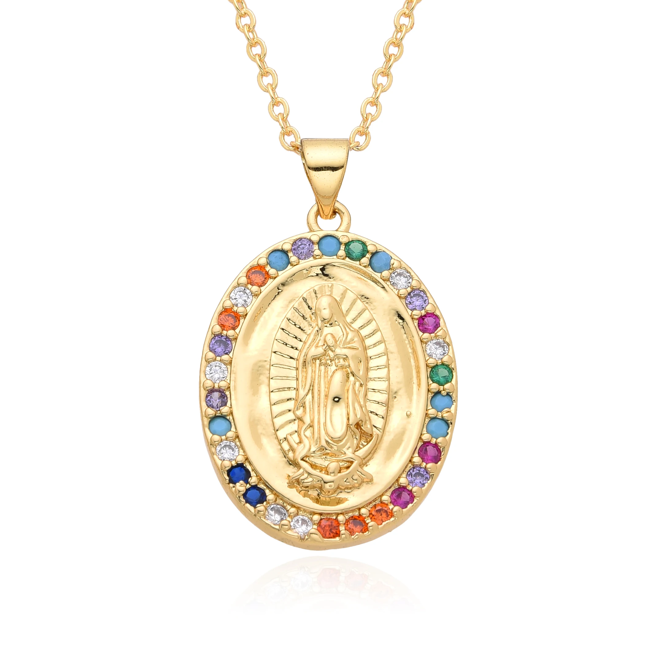 Gold Color Oval Our Lady St. Jude Charms Cubic Zirconia Guadalupe Virgin Mary Del Valle Necklace for Women Pendant DIY Jewelry