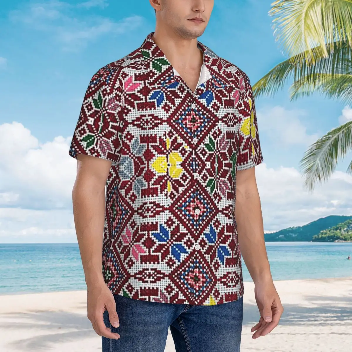 

Embroidery The Palestinian Traditional Tatreez Hawaiian Shirts Funny Men Short Sleeve Shirt for Summer Beach Men's Button Tops