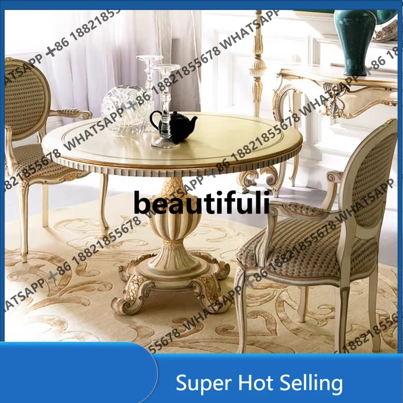 

D85 French retro solid wood round dining table carved champagne light luxury dining table dining chair combination