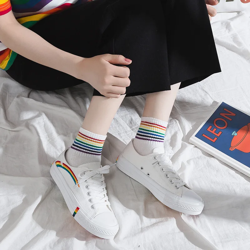 2023 Woman Canvas Shoes Flats Platform Sneakers Rainbow Lace-Up White Shoes Ladies Casual Shoes Female Sneakers Comfort Zapato