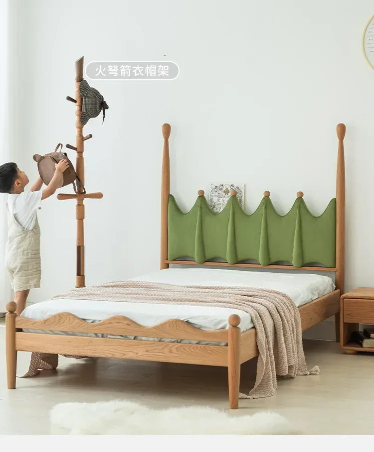 Solid wood North American cherry wood children's bed, Nordic velvet fabric soft bag bed, youth bedroom college bed