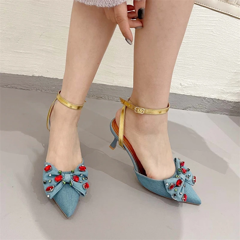 Eilyken High Quality Denim Pointed Toe Butterfly-knot Women Pumps Sandals Crystal Thin Low Heels Party Shoes