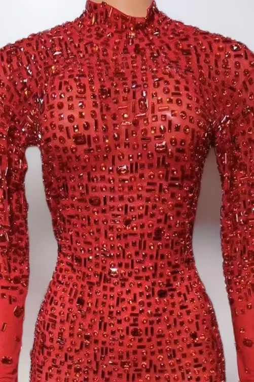 Kostum Panggung Seksi Pakaian Bermain Berlian Imitasi Penuh Jumpsuit Lengan Panjang Pakaian Peragaan Busana Malam Bodysuit Pemotretan Wanita Gesebei