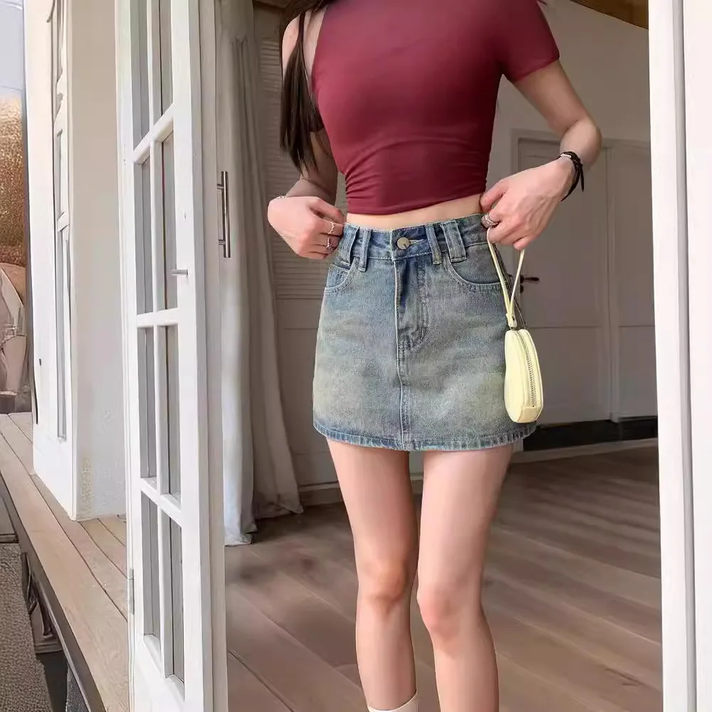 High Waist Denim Skirt Mini Skirts A Line Short Skirts with Lining Blue