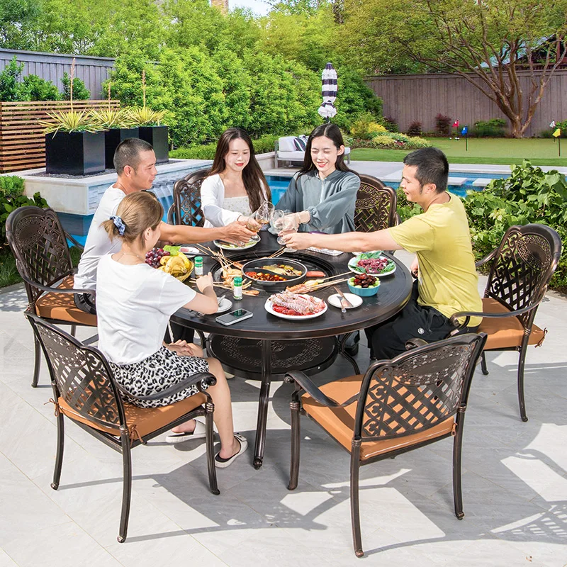 Juego de mesa y sillas para barbacoa de aluminio fundido para ocio al aire libre comercial, mesa de Patio de acero al carbono para barbacoa de carbón para patio doméstico