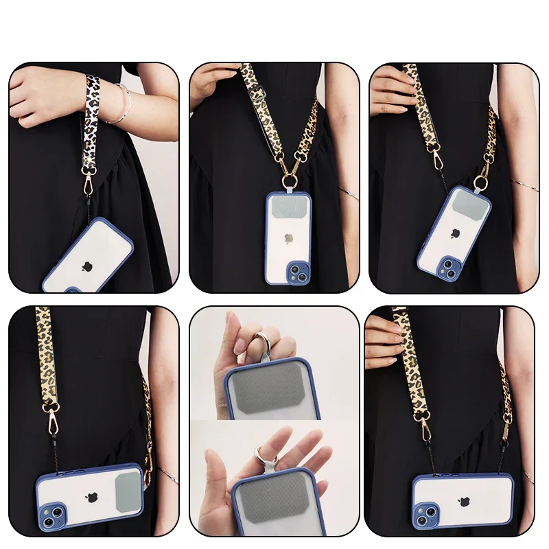 Crossbody Leopard Print Back Hanging Neck Chain Adjustable Shoulder Wide Pendant Anti-lost Sling with Clip Mobile Phone Lanyard