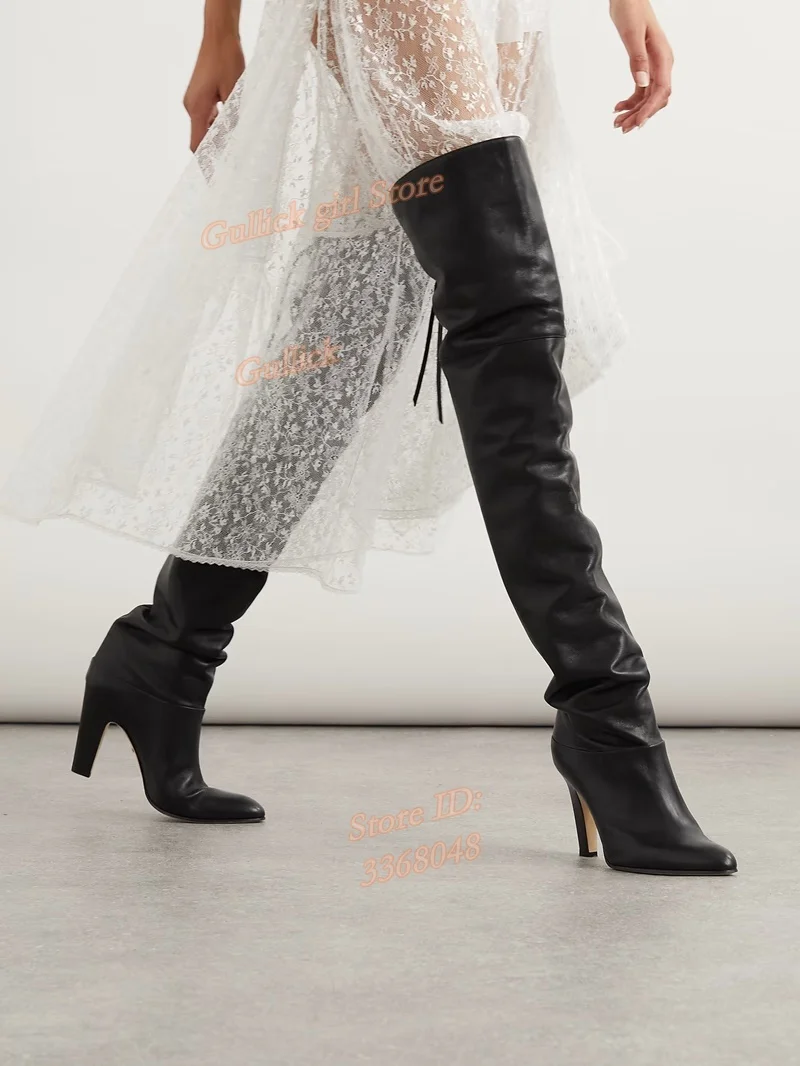 Black Matte Leather Over The Knee Boots Almond Toe Block High Heel Lace Up Handmade Winter Autumn Women Dress Shoes Hot Sale