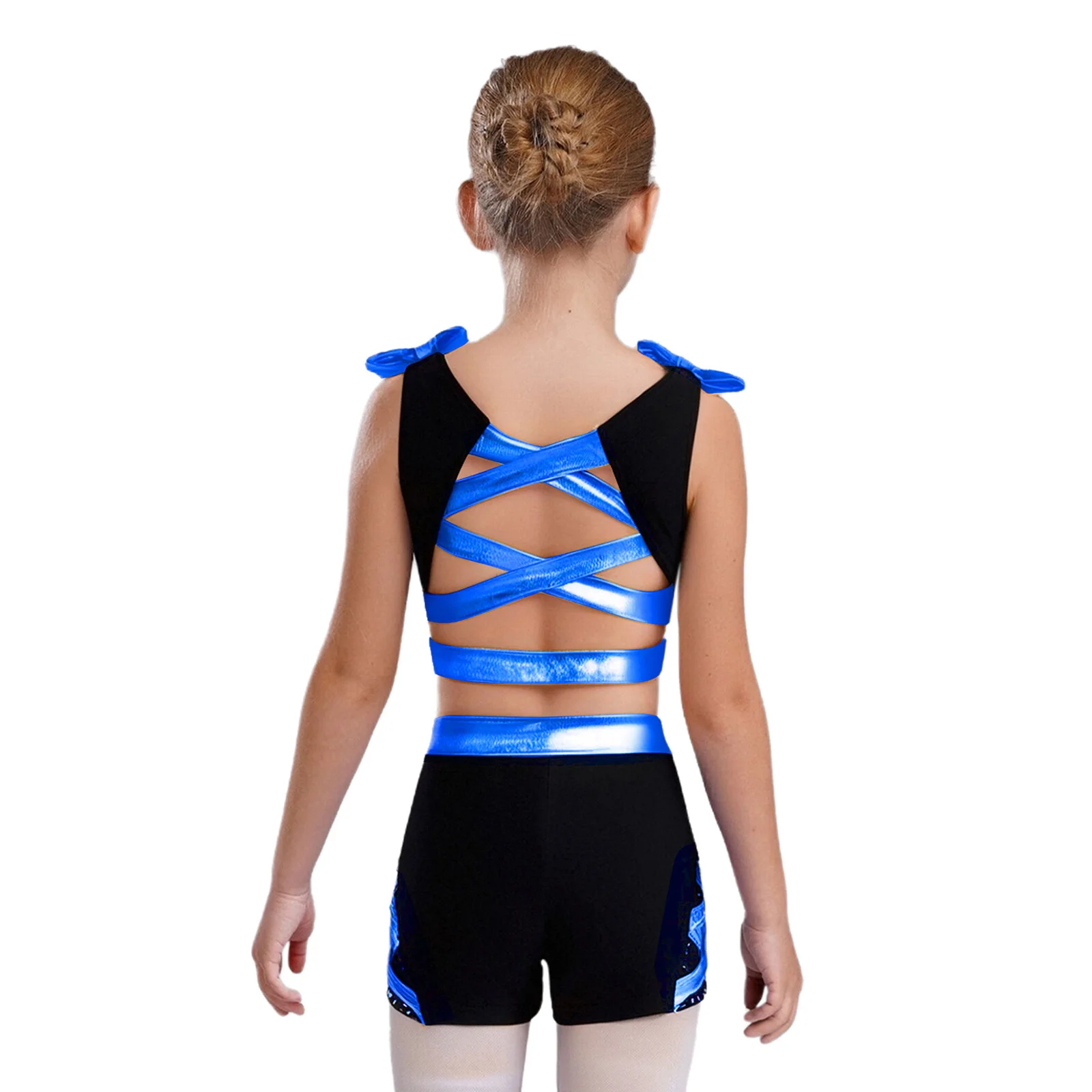 Girls Gymnastic Ballet Dance Costume Shiny Rhinestones Sleeveless Metallic Vest Shorts School Party Cheerleading Stage Dancewear