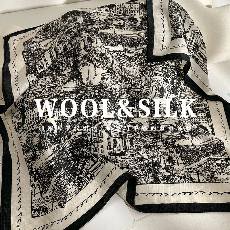 

New 70% wool 30% Silk Scarf Square for Women Neck Scarves Print Luxury Neckerchief Bandana Spring Foulard Female Shawl 65cm